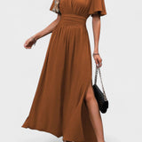 Eterna | Vestido Largo Elegante en Negro con Escote en V Manga Transparente y Abertura