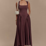 Sharon |Vestido midi de punto en espagueti - Castaño caoba