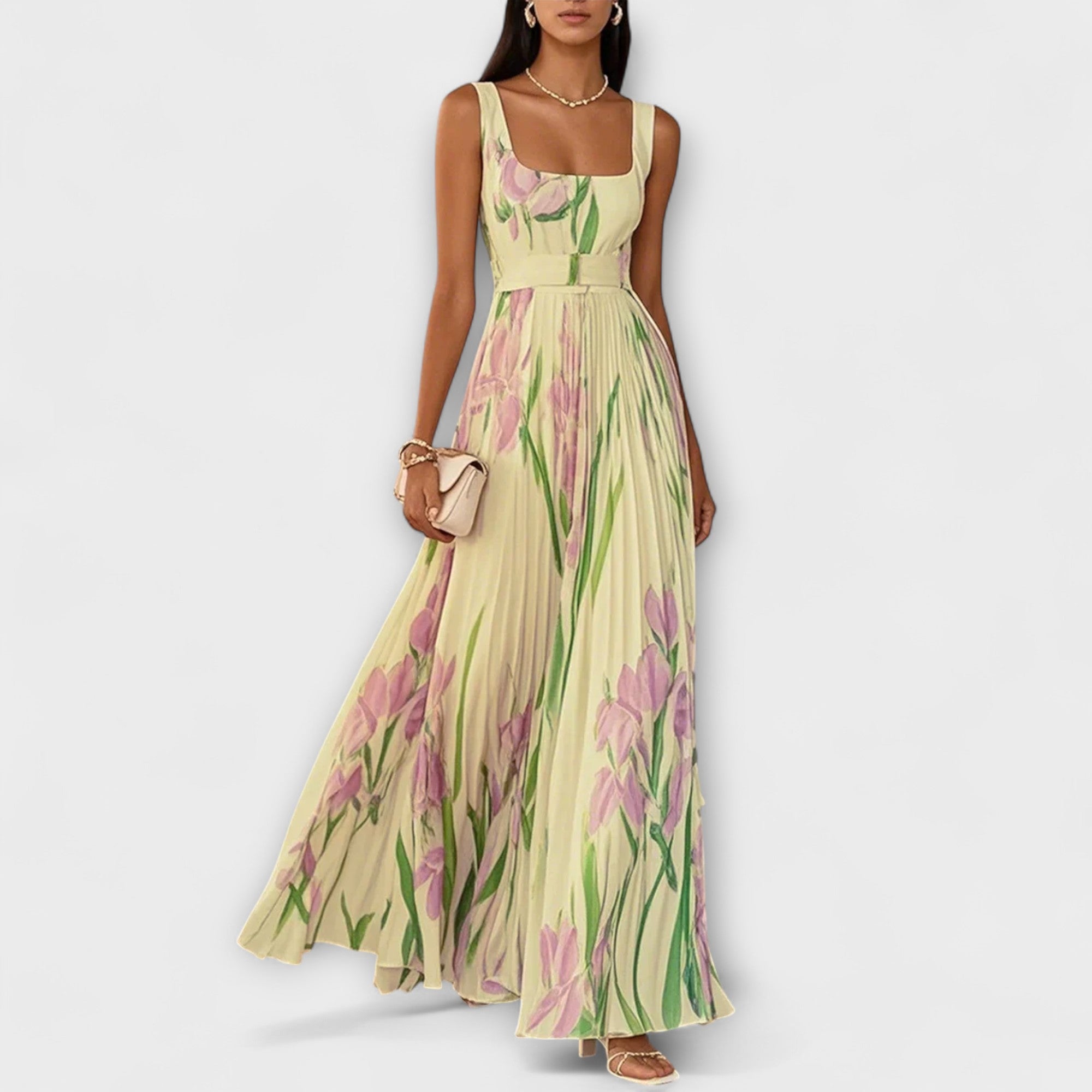 Penelope | Vestido Maxi de Chiffón con Flores Dobladas