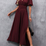 Eterna | Vestido Largo Elegante en Negro con Escote en V Manga Transparente y Abertura