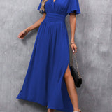 Eterna | Vestido Largo Elegante en Negro con Escote en V Manga Transparente y Abertura