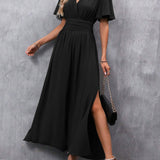 Eterna | Vestido Largo Elegante en Negro con Escote en V Manga Transparente y Abertura