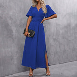 Eterna | Vestido Largo Elegante en Negro con Escote en V Manga Transparente y Abertura