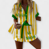 Amália | Conjunto de Verano de Lino Amarillo a Rayas Ligero