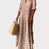Eduarda | Vestido Largo Vintage con Escote en V y Estampado Suave