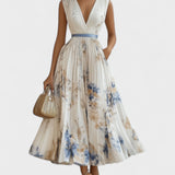 Jessie | Vestido Elegante de Ceremonia Floral en Azul y Blanco