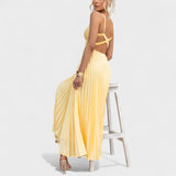 Aby | Vestido largo plisado amarillo con escote en V