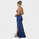 Elena - Vestido de raso cruzado azul medianoche