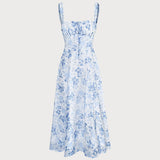 Renata | El vestido midi azul con estampado floral, escote cuadrado y fruncido