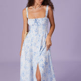 Renata | El vestido midi azul con estampado floral, escote cuadrado y fruncido